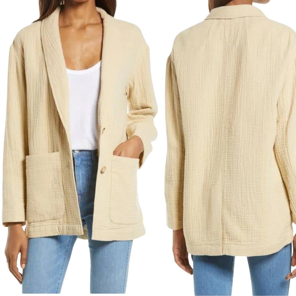 Madewell Lightspun Dorset Blazer Jacket Cotton Slouchy Shawl Collar Beige M